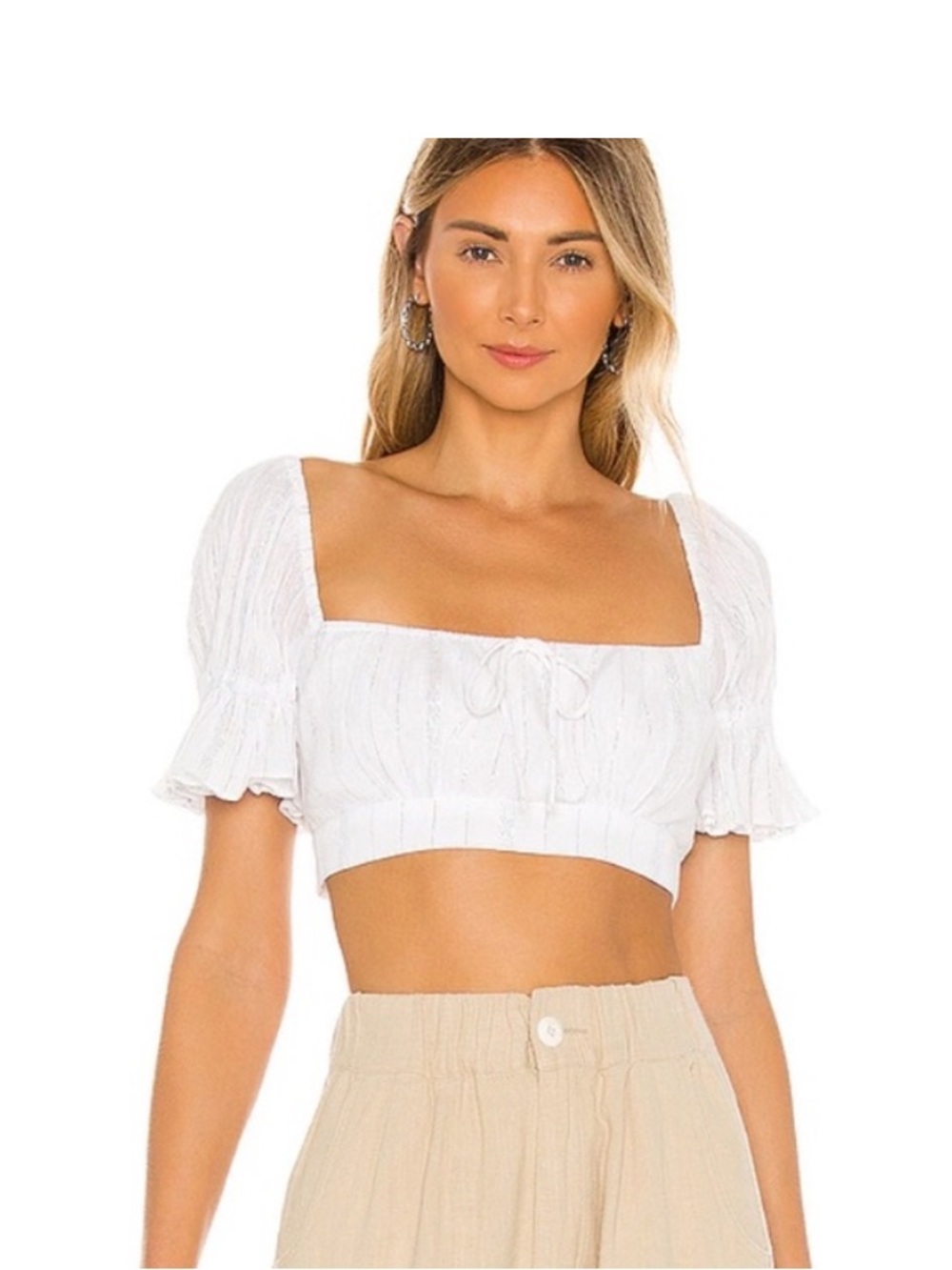 MAJORELLE dearest White Puff-Sleeve Cropped Peasant Top